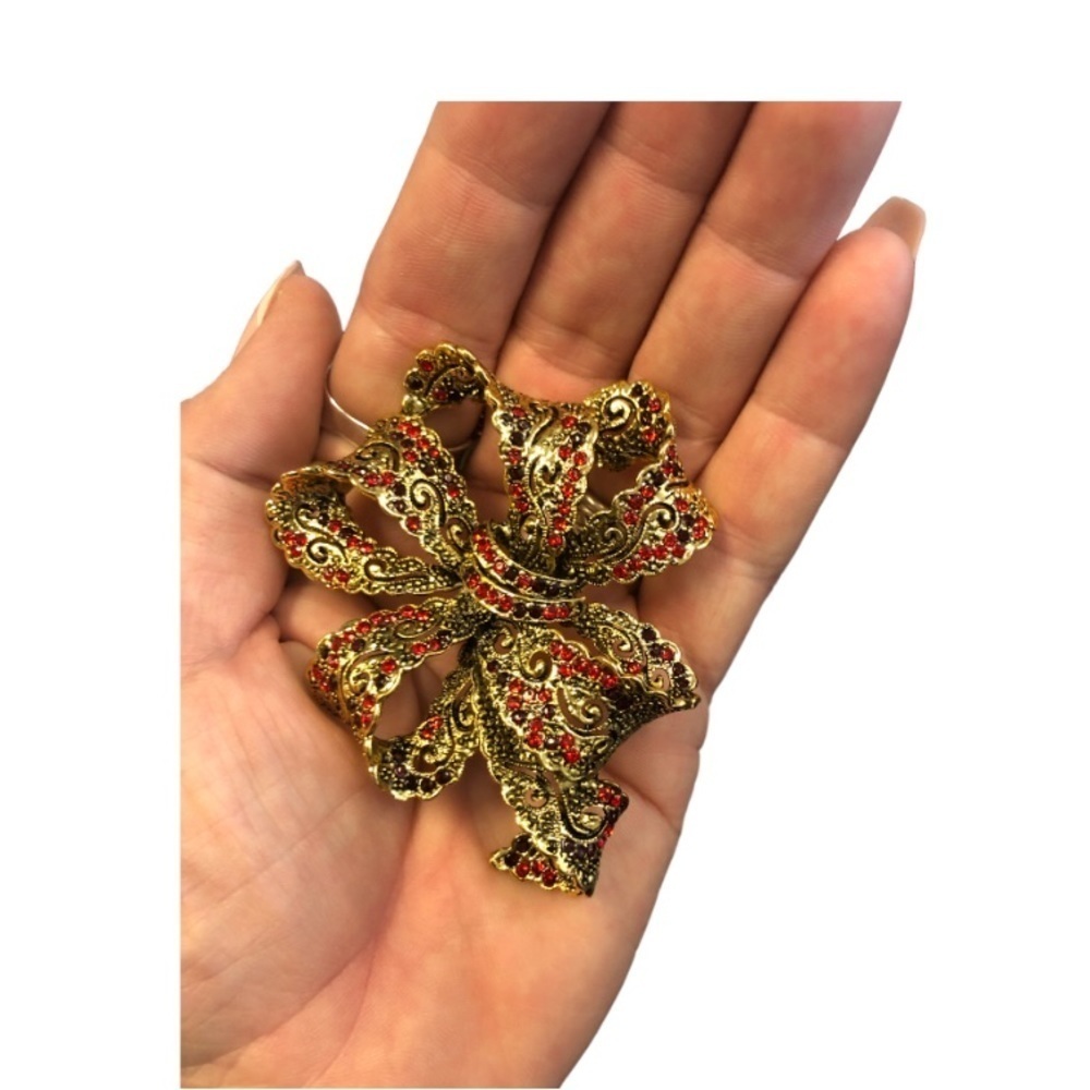 Nwot Large Bow Brooch Red Gold Crystals